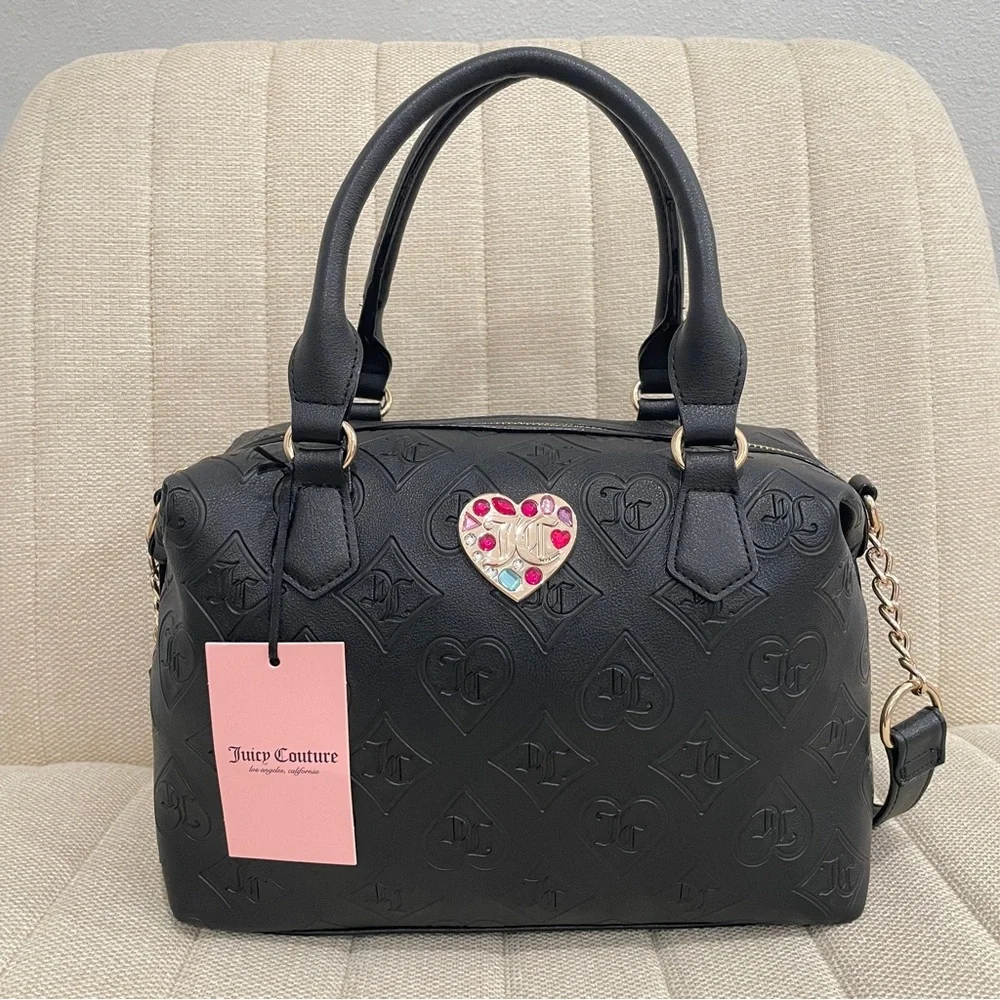 NEW Juicy Couture Black Embossed Monogram Heart Rhinestone Satchel Crossbody Bag